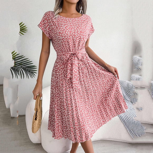 Mefallenssiah Fashion Women Casual Round Neck Printed Short Sleeve Dress Summer Bandage Dresses