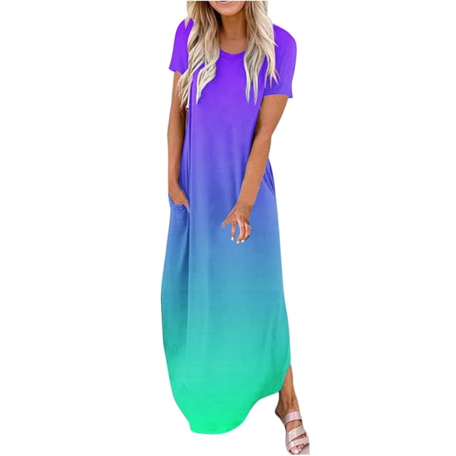 Yuyuzo Robes Femmes 2025 Printemps Été Manches Courtes Décontractées Fluides Robe Maxi Ample Tendance Plage Longue avec Poches