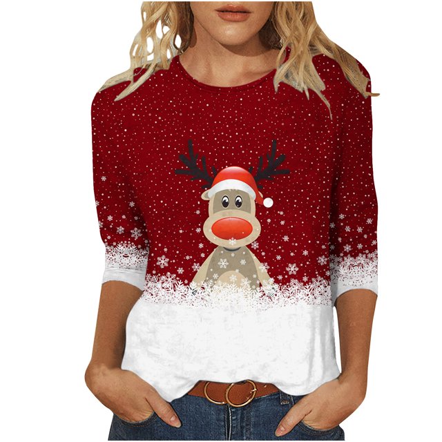 Lolmot Haut Imprimé de Noël pour Femme à Col Rond et Manches Trois Quarts