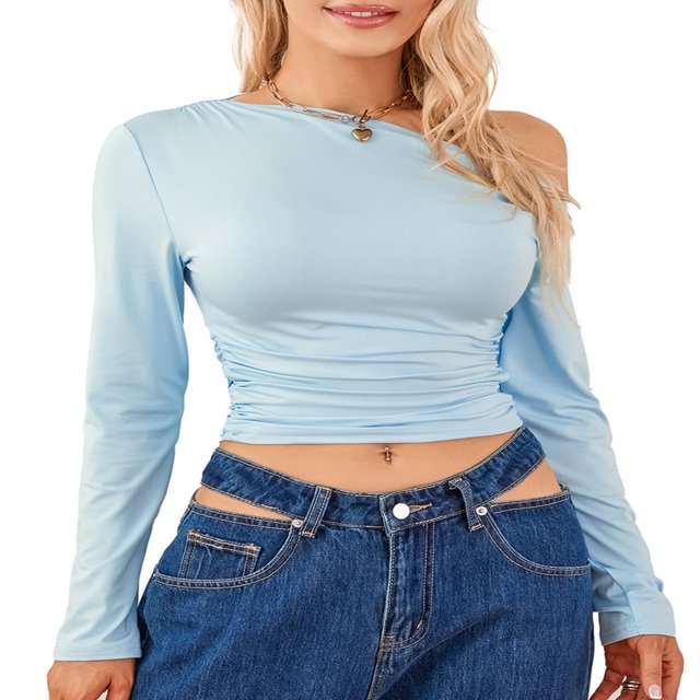 Women Solid Color Crop Tops Oblique Shoulder Long Sleeve T-Shirts