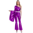 thumbnail image 1 of Raenseen Justaucorps à Manches Évasées Métalliques Brillantes pour Femmes Hippie Bell Bottom Jazz Dance Rave Party Violet m, 1 of 6