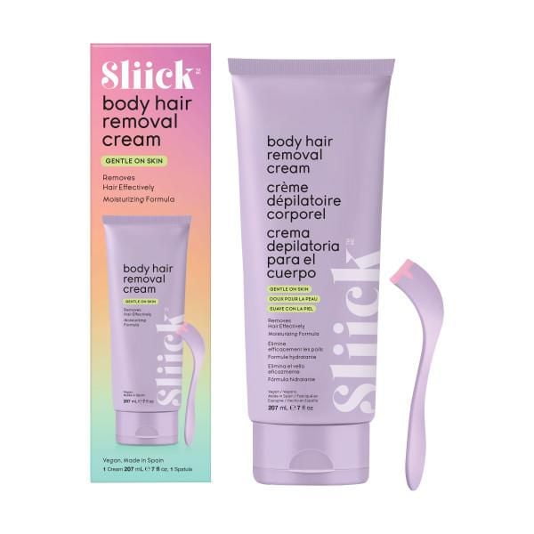 Sliick Crème d'Épilation Corporelle 207 ml en tube Lavande avec Texte Noir, Accompagnée d'Une Spatule Assortie et d'Une Boîte Dégradé Rose à Vert Mettant en Valeur une Peau Douce et une Formule Hydratante, Idéale pour une Épilation Indolore à la Maison.