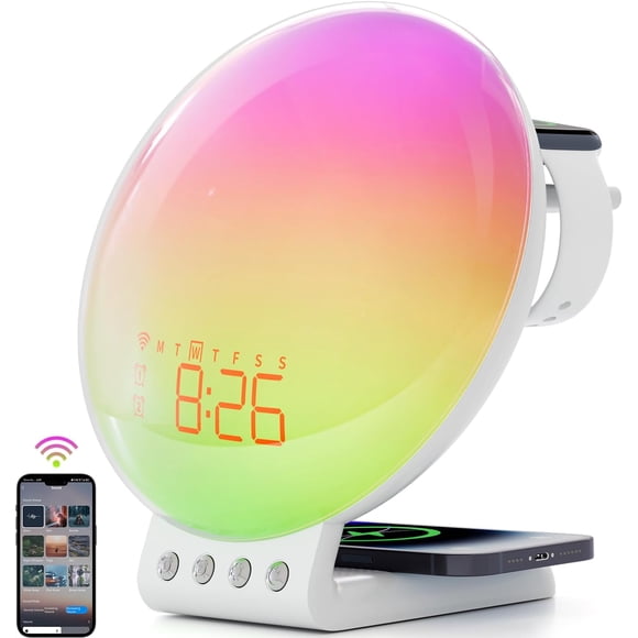 Dekala Smart Sunrise Alarm Clock with Wireless Charging for iPhone 14 13 12 Apple Watch AirPods Samsung, White Noise Sleep Sounds Machine, Nursery Night Light for heavy sleeper kid Touch & App Control