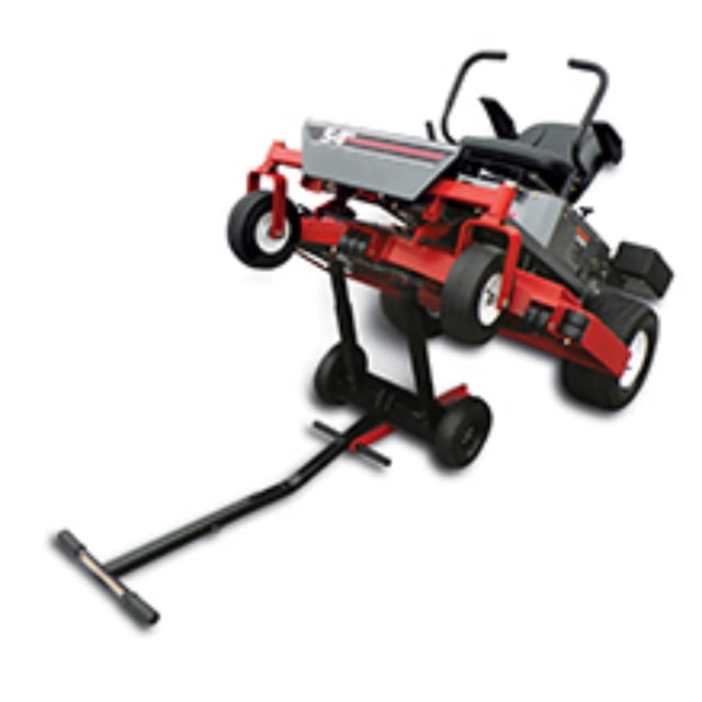 Ohio Steel ZTR Lift raising a red and gray commercial zero turn mower by the front wheels, with a heavy-duty black steel frame, two 10-inch pneumatic tires, and a long handle for maneuvering, designed for easy maintenance and cleaning of mower decks up to 60 inches wide.