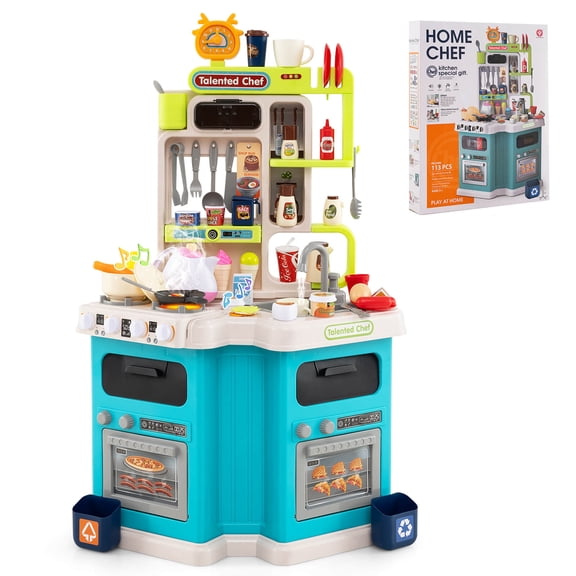 Costway Kids Kitchen Playset with Sounds Lights Steam Play Sink 113 PCS Accessories Blue