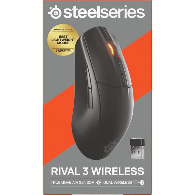RIVAL 3 WIRELESS MOUSE BLACK - PC showing a black ergonomic wireless mouse with illuminated orange scroll wheel, two side buttons, and USB receiver, featuring TrueMove Air 18K DPI sensor, dual 2.4GHz and Bluetooth wireless, 1.9ms click latency, and up to 200 hours battery life for precise gaming control.