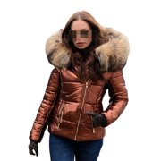Comdrip Warm Jackets for Women! Womens Puffer Jacket with Hood Quilted Winter Coat Collar Hooded Down Jacket Parka Outerwear Women's Jackets Brown 2XL