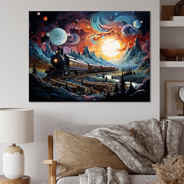 Designart Art Mural de Train, Rails Cosmiques un Train Moderne I, Grande Déco Murale de Train, Toile Murale Moderne Multicolore, 44x34 Pouces