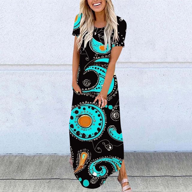 Ovzne Robes pour Femmes 2025 Robe d'Été Robes d'Été Décontractées Imprimé Col Rond Manches Courtes Poches Impression Longue Robe Robe pour Femmes Manches Courtes Imprimée Longues Robes en Solde