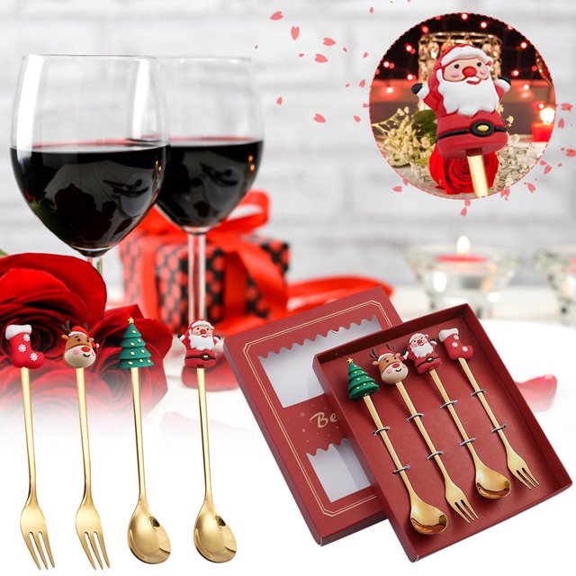 Meitianfacai Spoon And Fork Set Spoon-Fork Combo Set, 4PCS Stainless Steel Christmas Spoon Gift Set Dessert Spoon Fork Coffee Spoon Christmas Pendant Spoon Tableware Set