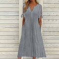 thumbnail image 2 of Kcodviy Robe Décontractée Plissée pour Femme Robes d'Été pour Femme Décontractées Unies en Dentelle Ajourée à Boutons Robe pour Femme avec Poches Robe à Nœud Courte Robes Midi d'Été pour Femme Manches Robe Midi à Col en V, 2 of 5