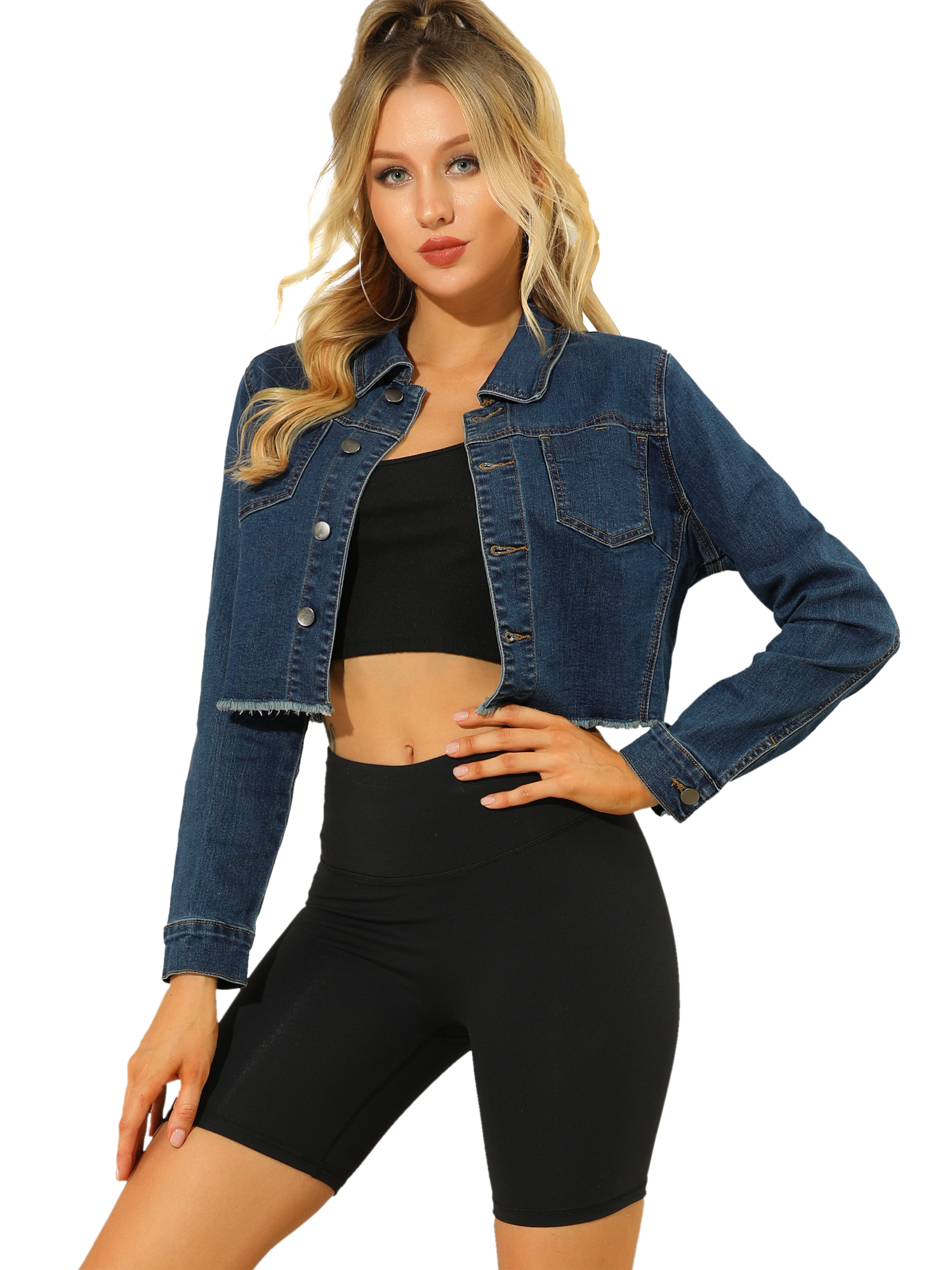 INSPIRE CHIC Veste en Denim Courte Délavée pour Femmes à Ourlet Effiloché, Boutonnée, Manches Longues