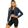 thumbnail image 1 of INSPIRE CHIC Women's Frayed Hem Button up Long Sleeve Washed Cropped Denim Jacket, 1 of 6