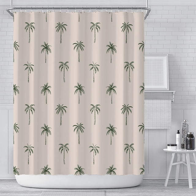 PANDACO Palm Trees Fabric Shower Curtain measuring 180cm x 180cm (72" x 72"), featuring a beige background with a repeating pattern of green palm trees. Made from water-resistant fabric with water-repellent technology and rust-resistant stainless steel grommets for durability. Includes a set of plastic shower curtain hooks and does not require a separate liner. Machine washable for easy maintenance.