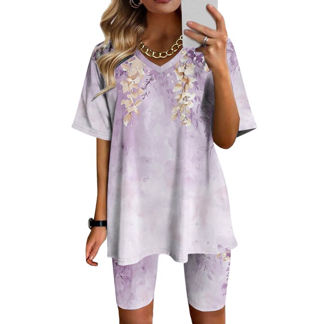 Blouses pour Femmes, Ensembles de Blouses Décontractées à Manches Courtes Imprimées et Col en V pour Femmes