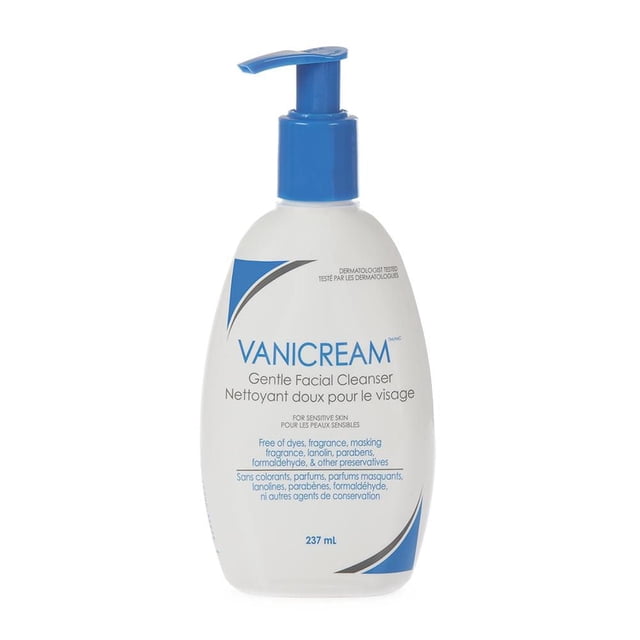 Vanicream Gentle Facial Cleanser in a 237 mL white plastic pump bottle with blue pump and label accents, dermatologist tested for sensitive skin, free of dyes, fragrance, lanolin, parabens, and formaldehyde, sulfate-free formula that gently removes dirt, oil, and makeup without drying skin.