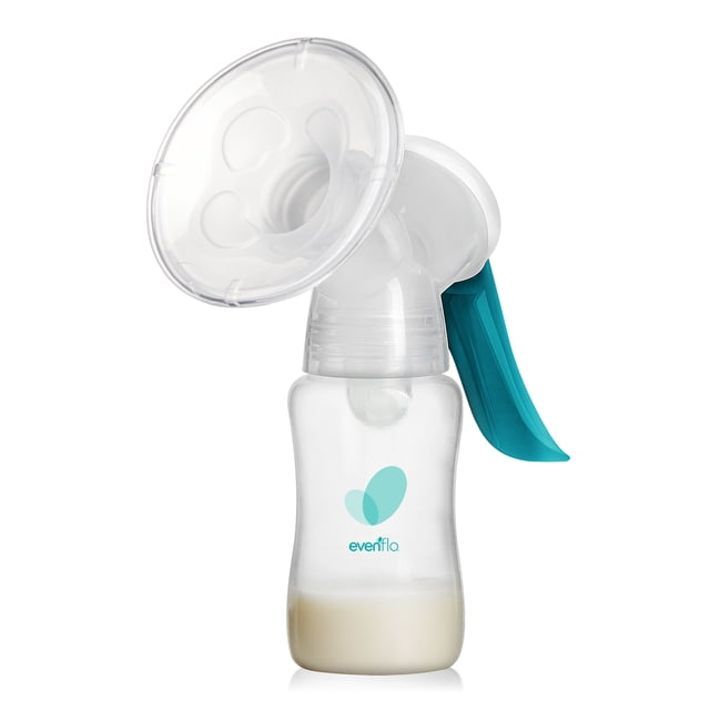 Evenflo Feeding Advanced Manual Breast Pump with clear plastic flange and bottle, teal pivoting handle for ergonomic pumping, designed for portable, comfortable breastfeeding and milk expression without power.