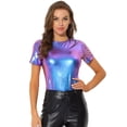 thumbnail image 1 of INSPIRE CHIC Women's Party Metallic Textured Short Sleeve Shiny Multicolor Top X-Large Blue Purple, 1 of 5