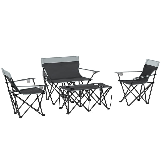 Outsunny Ensemble de 4 Pcs de Table et Chaises de Camping Pliantes Portatives en Gris, Comprenant Deux Chaises Simples, une Chaise double et une Table Pliable. Fabriqué en Tissu polyester 600D Résistant aux Éclaboussures avec un Cadre en Métal Peint pour la Durabilité. Comprend des Porte-Gobelets en Maille Intégrés et un Sac de transport pour un transport Facile. Idéal pour les Rassemblements en Plein Air, les Sorties de Camping Ou les BBQ.