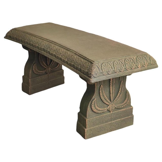 Angelo Décor 40-inch Serra Garden Bench in green with a stone-like textured finish and floral etchings, featuring carved decorative legs, ideal for outdoor patio or garden seating and suitable for porch relaxation.