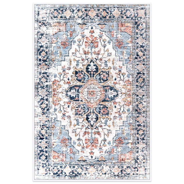 2'7"x3'11" vintage floral area rug in a rectangular shape, featuring a red and blue colour palette with intricate boho-inspired patterns. Made of polyester, this low-pile rug is machine washable and suitable for living rooms, bedrooms, and kitchens. The rug has a soft, skin-friendly texture and a non-slip backing for added convenience.