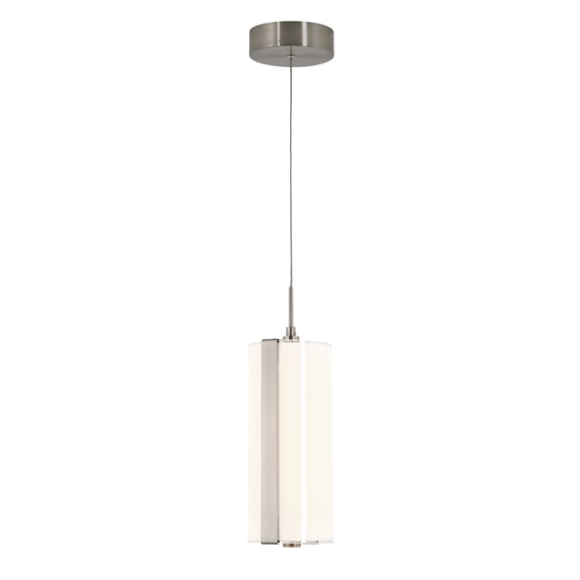 Artika Subway Modern Pendant Light Fixture in brushed nickel finish, featuring a cylindrical design with integrated LED lighting. The fixture includes a steel frame and a frosted diffuser for soft illumination. It offers 12 watts of power, 1000 lumens brightness, and a 3000 Kelvin colour temperature. Adjustable height and dimmer compatibility make it ideal for kitchens, dining rooms, or entryways. Dimensions are 4.72 inches by 4.72 inches by 60 inches.