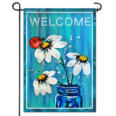 ANLEY Double Sided Premium Garden Flag, Spring Summer Daisy Jar and Ladybug Welcome Decorative Garden Flags -18 x 12.5 Inch