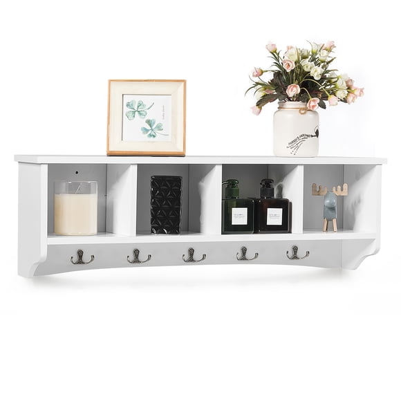 Costway Hanging Entryway Shelf Coat Rack Wall Mounted Storage Cabinets W/5 Dual Hooks