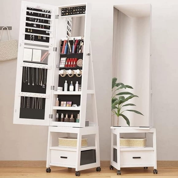 TROPOW Mirror Cabinet with Storage Swivel Jewelry Armoire Standing with Full-length Mirror Reversible Storage Mirror Jewelry Organizers with 1Drawer and Wheels White