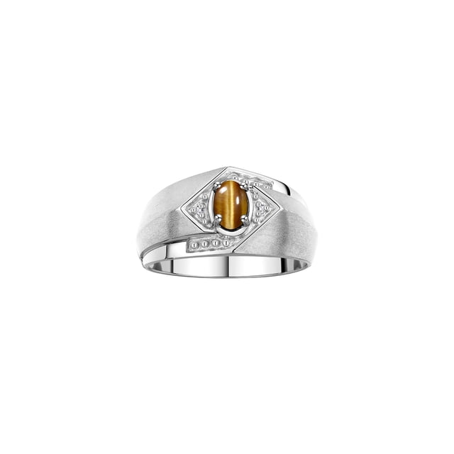 RYLOS Mens Rings 14K White Gold Ring 6X4MM Oval Shape Gemstone & Diamond Ring Tiger Eye November Birthstone Rings For Man Gold Rings Size 9