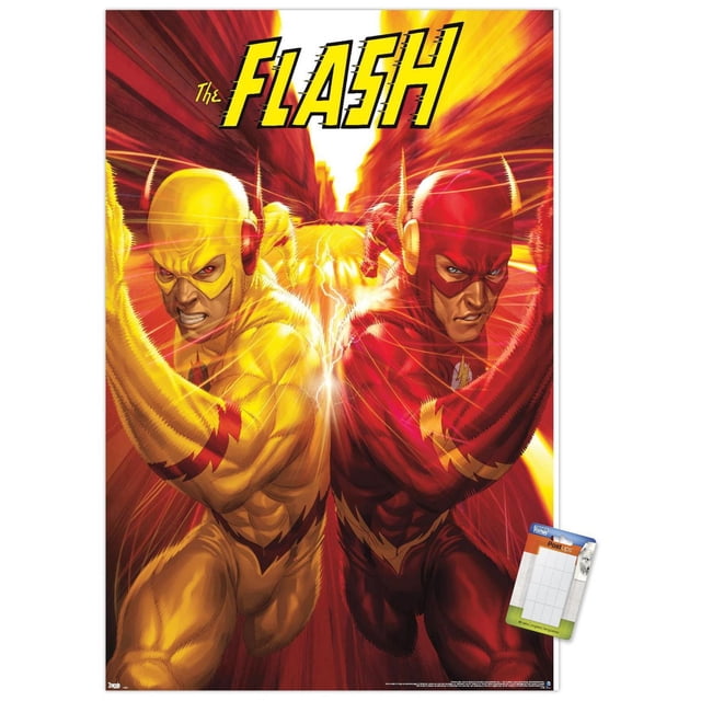 DC Comics - The Flash and The Reverse Flash - Race Wall Poster depicting two muscular superheroes in yellow and red lightning bolt suits racing each other with a dynamic blurred red and yellow speed background, printed on glossy photo art paper sized 22.375" x 34" with adhesive mounts for damage-free hanging.
