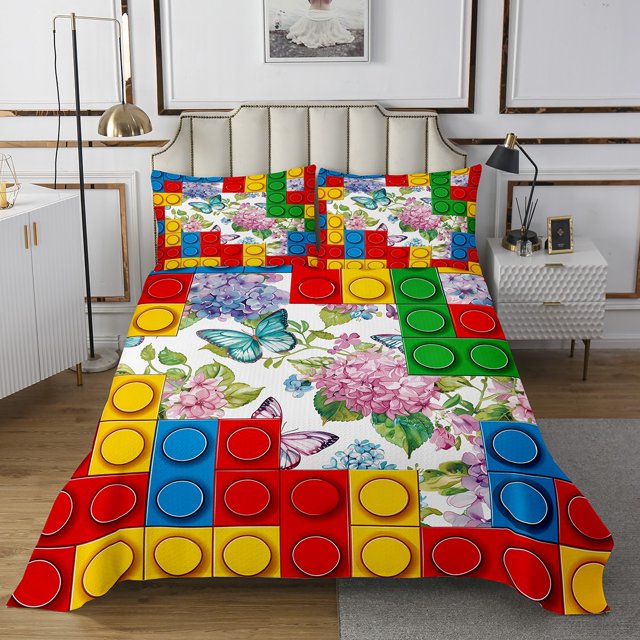 YST Kids Building Blocks Queen Bedspread Set Geometric Brick Quilt Set for Girls Boys, Wild Butterfly Coverlet Set Chic Hydrangeo Floral Bedding Set, Spring Flower Bed Cover