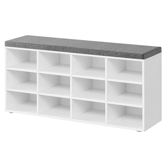 Banc à Chaussures avec Coussin, Banc de Rangement à 12 Compartiments avec Siège Rembourré, Tablettes Ajustables, pour Chambre, Blanc