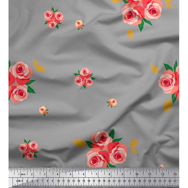 Soimoi Tissu en Poly Georgette Imprimé Feuilles et Roses au Mètre 52 Pouces de Large