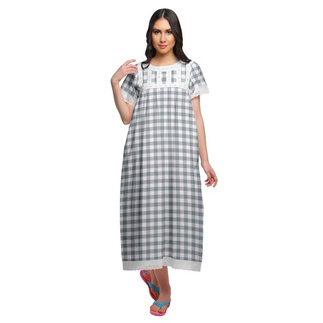 Moomaya Robe de Nuit Maxi pour Femmes en Coton Imprimé à Bordure Volantée