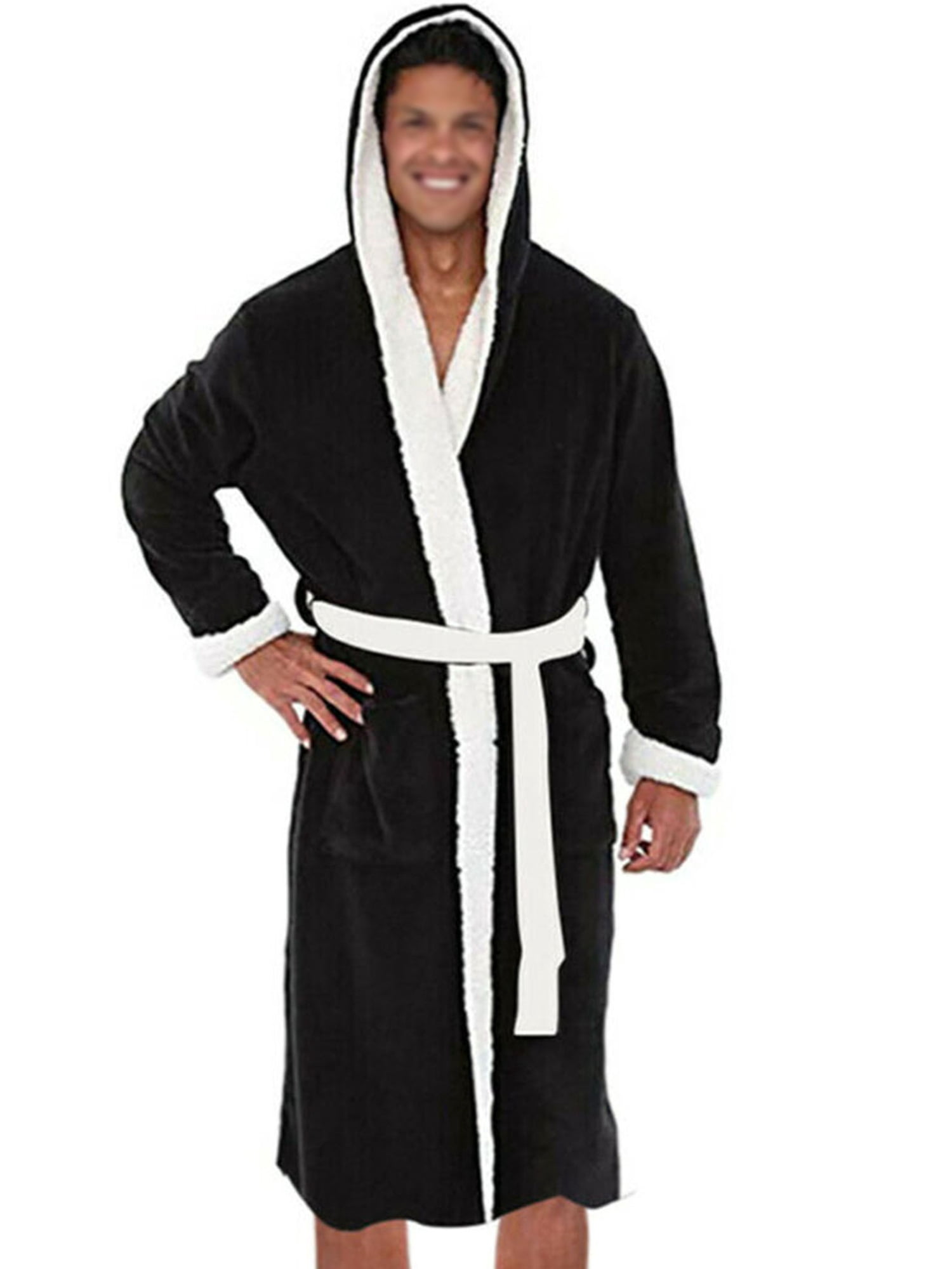 Innerwin Peignoirs de Bain à Capuche Peignoir d'Hiver à Manches Longues Robe de Chambre Douce Noir Blanc TG