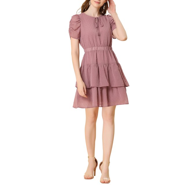 INSPIRE CHIC Women's Tie Neck Ruched Sleeve Elastic Waist A-Line Double Layers Ruffle Hem Short Dress S Muted Purple