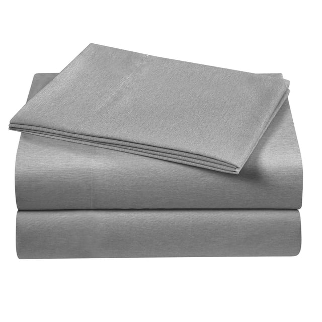 Mainstays Kids Printed Easy Wash Soft-Microfiber Sheet Set in solid grey, folded to show flat sheet, deep pocket fitted sheet for mattresses up to 14 inches, and pillowcases made of durable, wrinkle-resistant 100% polyester microfiber, machine washable and suitable for kids' bedding.