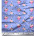 thumbnail image 1 of Soimoi Blue Cotton Poplin Fabric Pink Flower & Check Decor Fabric Printed BTY 42 Inch Wide, 1 of 5