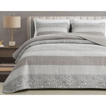 Chezmoi Collection Robyn Quilt Set, 3-Piece, Neutral Taupe Gray White Floral, King