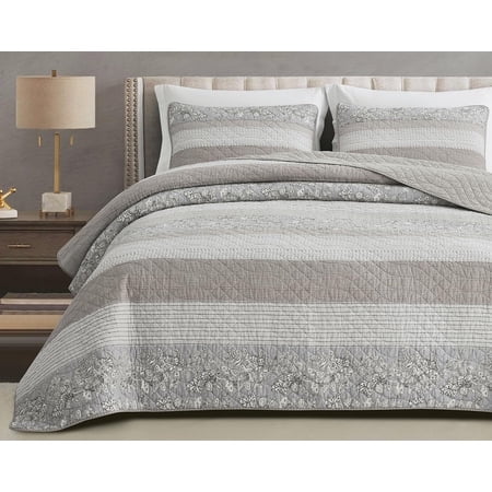 Chezmoi Collection Robyn Quilt Set, 3-Piece, Neutral Taupe Gray White Floral, King front-facing view of a king quilt and two matching pillow shams; visible diamond quilting, taupe and gray floral print on white ground, folded corner reveals solid taupe reverse. Suitable for layering in a master or guest bedroom.