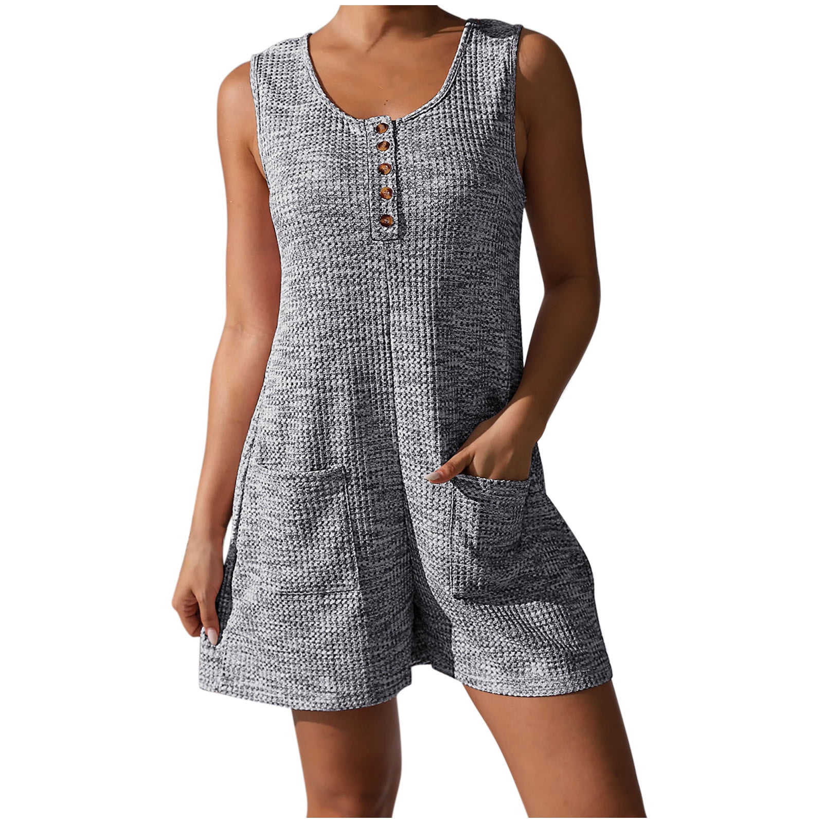 Lenpel Women's Plus Size Rompers Summer Casual Scoop Neck Quarter Button Textured Sleeveless Jumpsuits Loose Short Overalls with Pockets