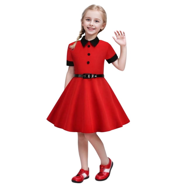 XEGLSBU Short Sleeve Belt Splicing Vintage Children's Dress Princess Dress