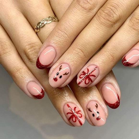 Cute Elk Christmas Press on Nails Short Square Fake Nails Red Santa Hat French Tip Acrylic Nails with Design Glossy Winter Xmas Glue on Nails for Women DIY Holiday Manicure