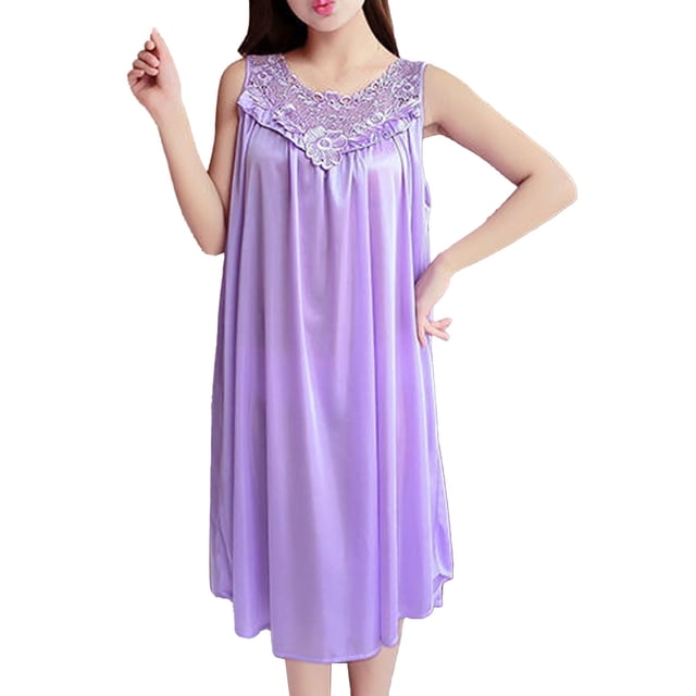 Kcodviy Robe Décontractée Unie pour Femme Chemises de Nuit pour Femmes Coton Doux Sans Manches Col Rond Dentelle Robe de Nuit pour Femme Robe à Empiècements Chandail Ample Robe de Nuit à Boutons