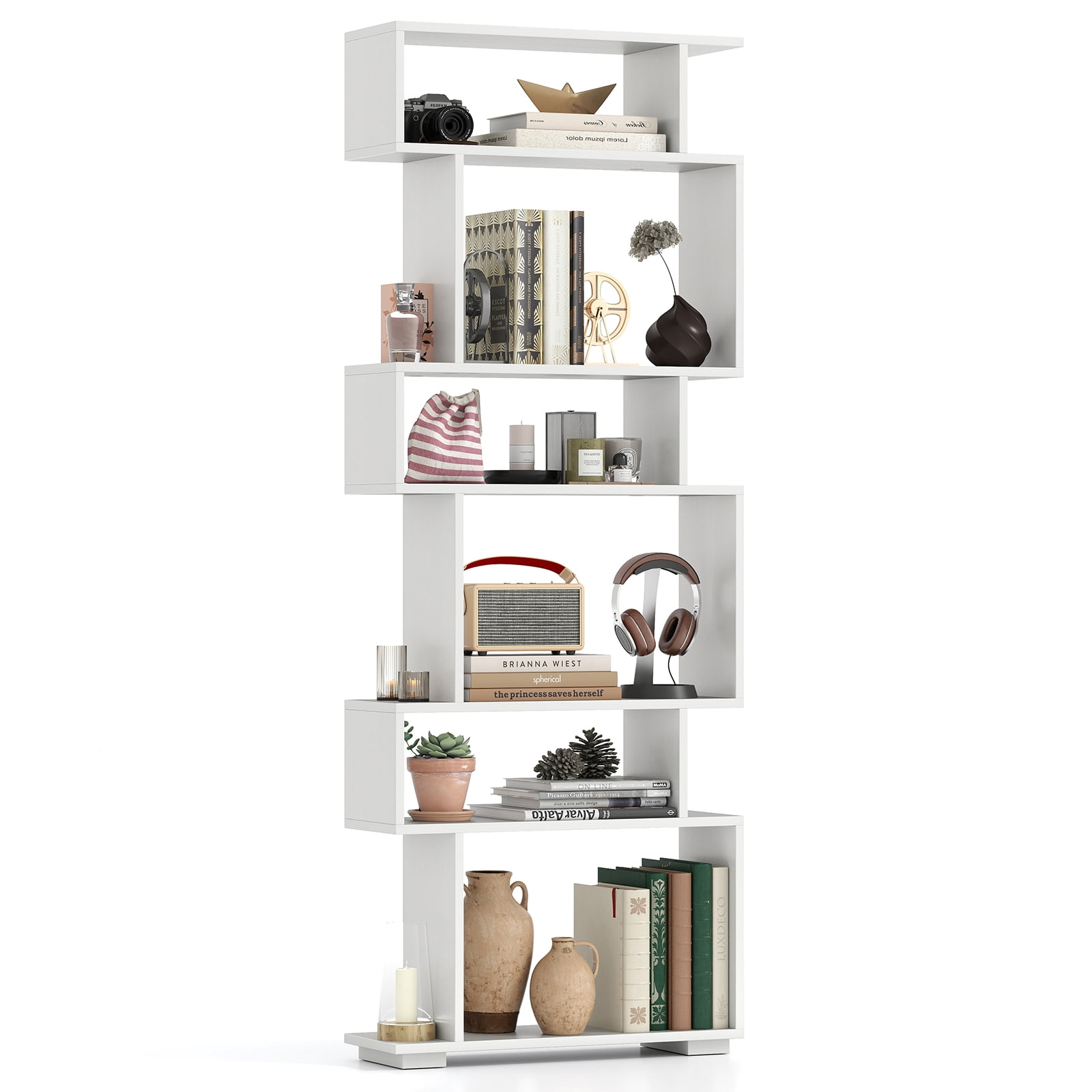 Patiojoy 6-tier S-shaped Bookshelf 64" Open-back Bookcase Home Wood Organizer Free-standing Storage Shelf White
