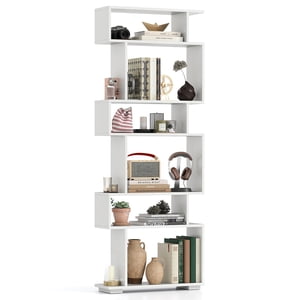 Patiojoy 6-tier Bibliothèque en forme de S 64" Bibliothèque ouverte Accueil Organisateur de bois Étagère de stockage autonome Blanc