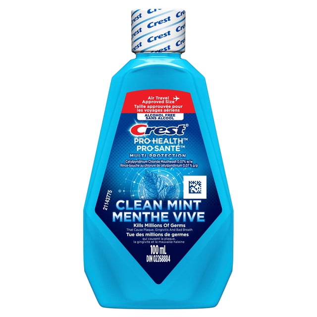 Crest Pro Health Multi Protection Clean Mint CPC (cetylpyridinium chloride) Antigingivitis/Antiplaque Oral Rinse mouthwash in a 100 mL blue travel-size bottle with a white Crest-branded cap, alcohol-free formula that kills millions of germs causing plaque, gingivitis, and bad breath, designed for daily oral care and approved for air travel.