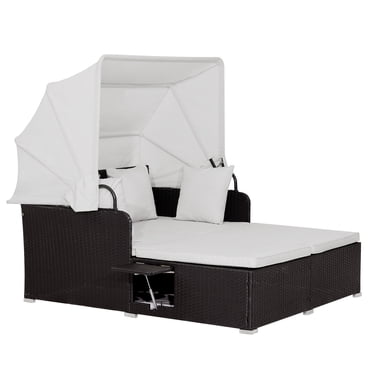 Topbuy Outdoor Daybed with Retractable Canopy, Off White, PE Rattan, Sunbed