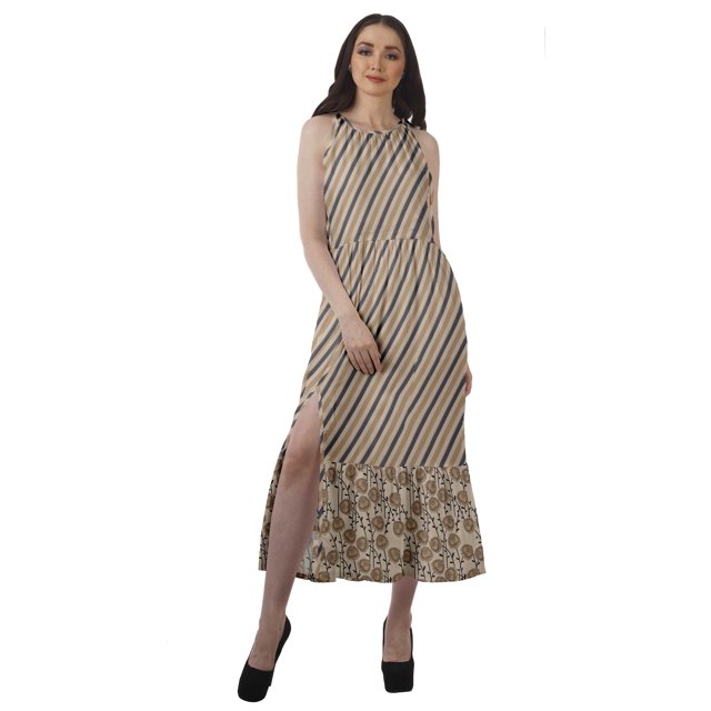 Moomaya Robe de Vacances pour Femmes en Rayonne, Col Licou, Sans Manches, Fente avant, Robe Imprimée